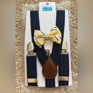 The Children’s Place Butter Yellow & Navy Blue Bow Tie Suspender Set 6M-5T NWT